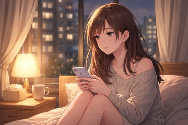 スマホ画面を見る女性の絵