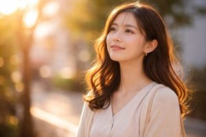 朝日の中にいる女性